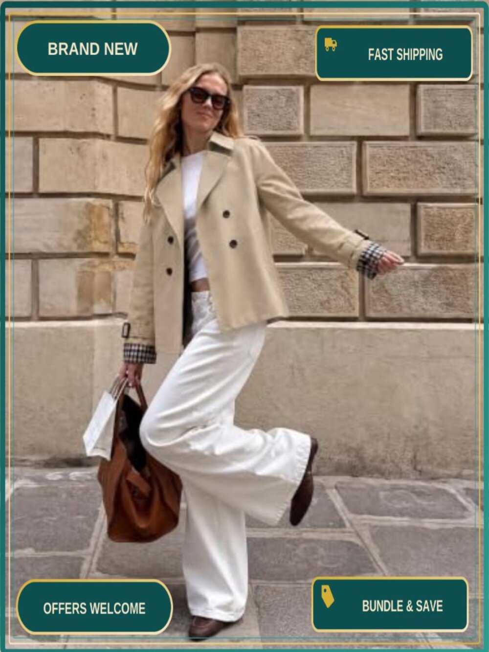 Oversized Cropped Trench Coat Double Breasted 100% Polyester Jacket - Picture 4 of 6